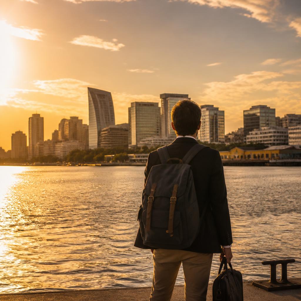 Empreendedor de costas chegando a Porto Alegre com o skyline da orla do Guaíba ao pôr do sol