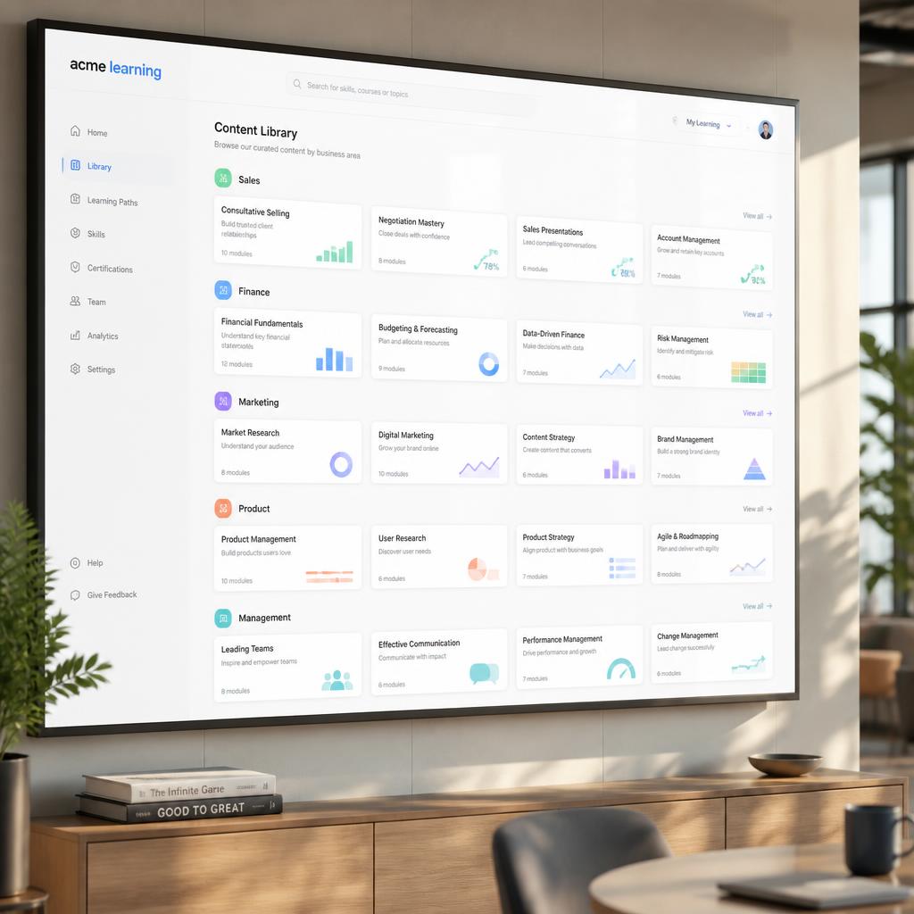 Plataforma de conteúdo empresarial com trilhas de vendas, finanças, marketing, produto e gestão